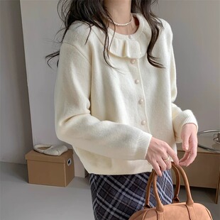 外穿甜美减龄针织开衫 韩系学院风温柔蓝色娃娃领宽松短款 毛衣外套