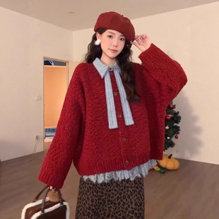 圣诞新年过年红色毛衣外套女款2025新款秋冬慵懒宽松针织开衫上衣