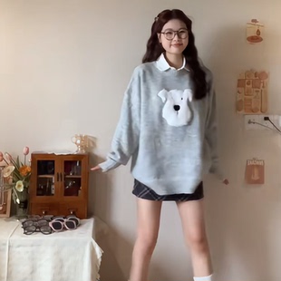 韩系秋冬穿搭毛绒小狗提花毛衣女灰色慵懒风宽松外穿套头针织上衣