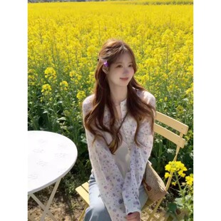 韩系温柔风紫色碎花开衫女短款针织衫毛衣早春新款chic微透薄上衣