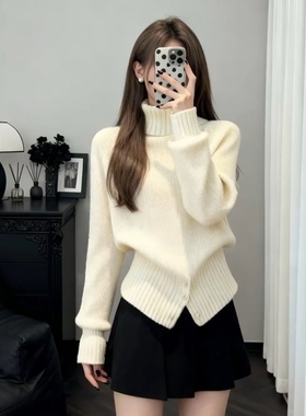 韩系温柔慵懒风高领长袖针织衫女秋冬季百搭宽松显瘦软糯开叉毛衣