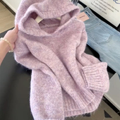 韩系慵懒风紫色连帽套头毛衣女2025秋冬新款 宽松显瘦软糯针织上衣