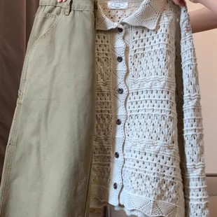 CHAO级推荐~古着感镂空杏色针织开衫女2026年春韩系翻领毛衣外套