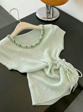 韩系小清新钉珠抽绳短袖针织衫