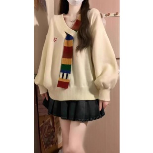 复古宽松慵懒风外套设计感上衣 彩虹毛针织拼接V领毛衣女秋冬新款