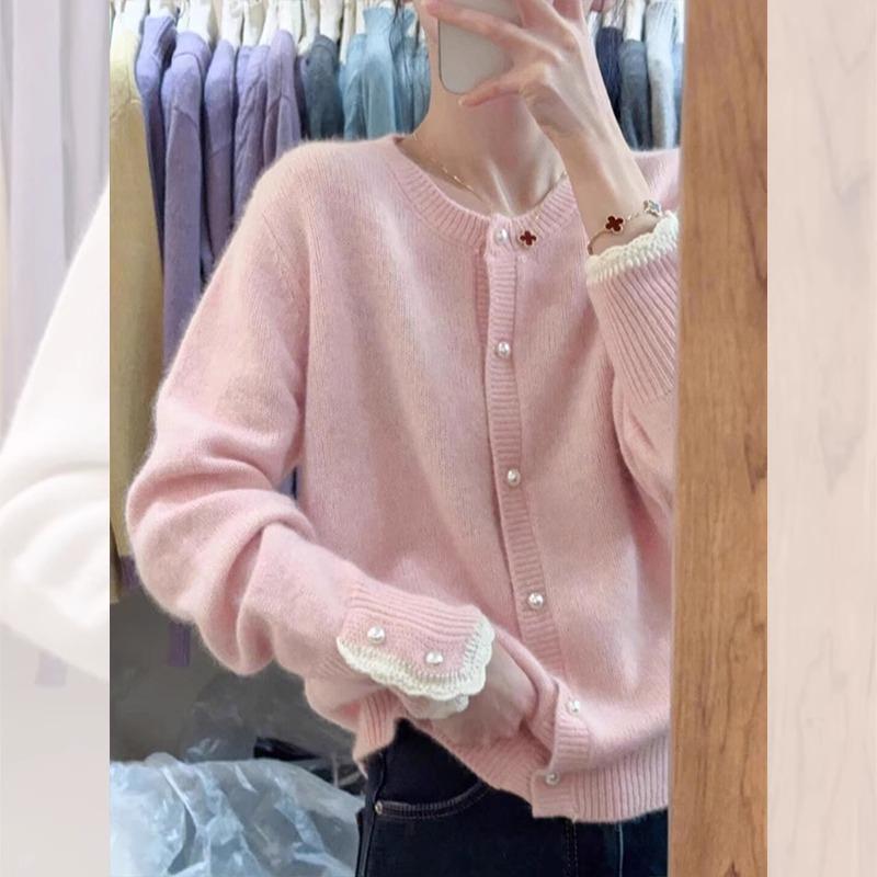温柔风韩系粉色蕾丝花边长袖针织开衫外套女春秋季小香风毛衣外穿