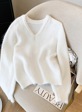 超好看蓝色V领长袖套头毛衣女2025秋冬新款慵懒宽松减龄针织上衣