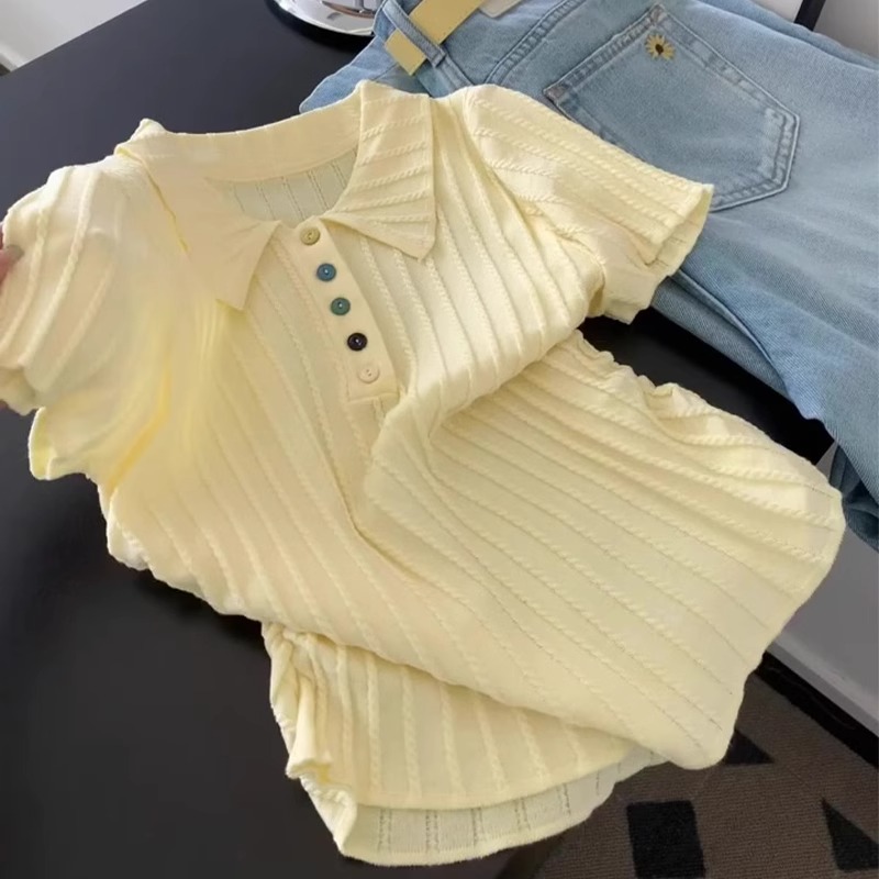 小香风Polo领小衫黄色冰丝针织