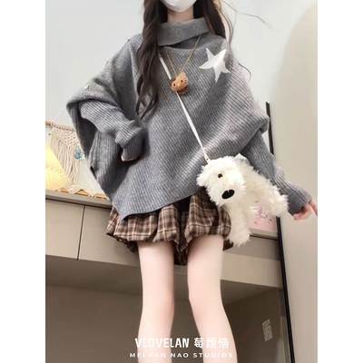 灰色高领斗篷上衣女新款设计感