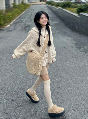 连帽针织开衫毛衣女秋冬季2023新款慵懒风高级感麻花宽松外套上衣