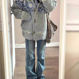 慵懒宽松上衣潮 秋冬学院风牛角扣复古毛衣外套女加厚连帽针织开衫