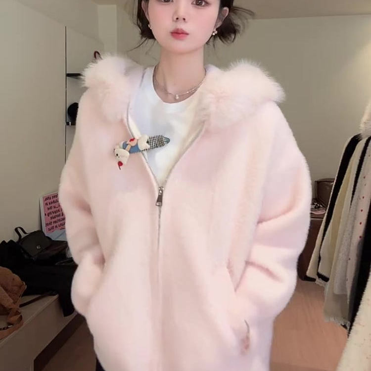 韩系粉色仿水貂毛衣开衫外套女