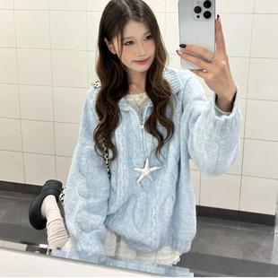 韩系软糯温柔风拉链套头毛衣女秋冬baby蓝色宽松显瘦内搭针织上衣