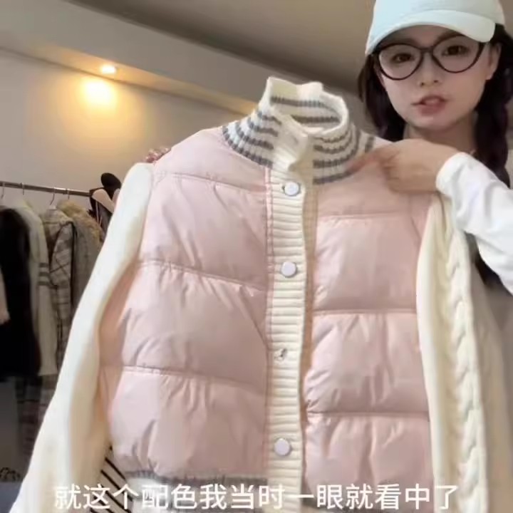 粉色小香风针织立领拼接棉衣棉服女冬加厚小个子甜美短款棉袄外套