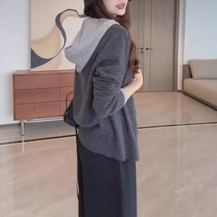 假两件连帽长袖针织开衫女春季2026新款宽松慵懒毛衣韩系灰色上衣