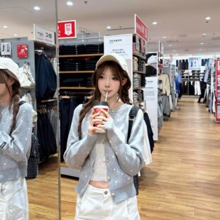 2026早春季新款韩系灰色波点开衫毛衣女慵懒外搭针织衫上衣小外套