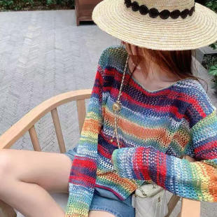夏季薄款彩色镂空针织长袖T恤背心女款小众时尚显瘦洋气内搭罩衫
