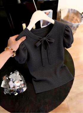 2026夏季新款女士灰色时尚气质短袖针织衫设计感超好看泡泡袖上衣