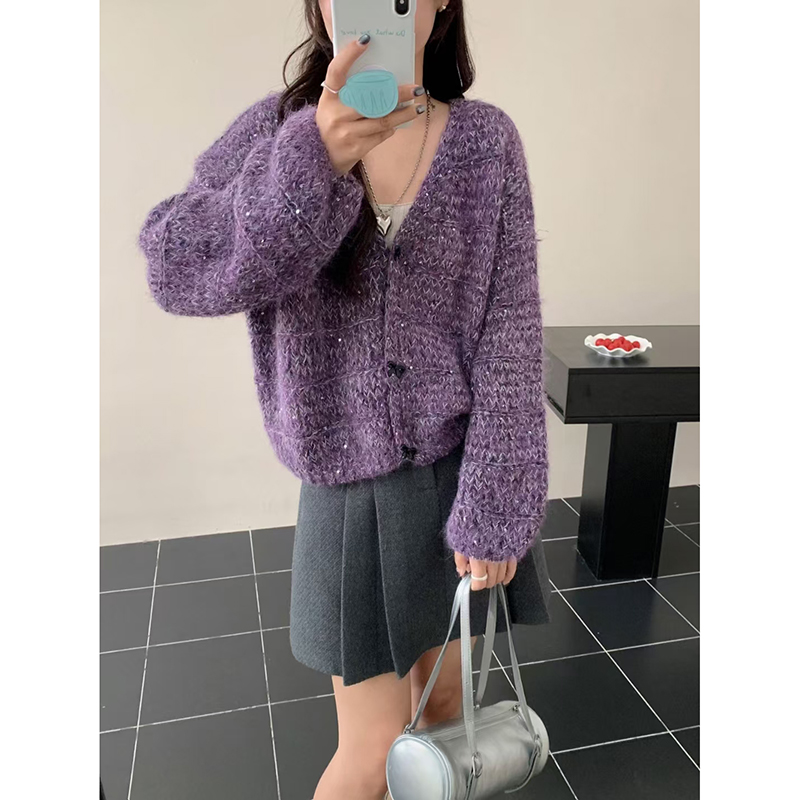 慵懒风紫色温柔针织开衫女款