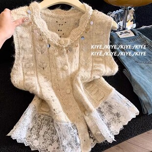 女春秋新款 亮片V领蕾丝拼接针织开衫 洋气显瘦外搭上衣 推荐 自留款