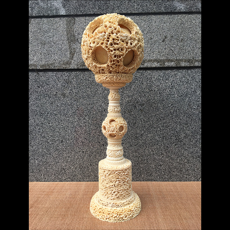 猛犸象牙雕刻19cm龙凤呈祥鬼工球牙雕摆件猛犸象牙牙球摆件玲珑球