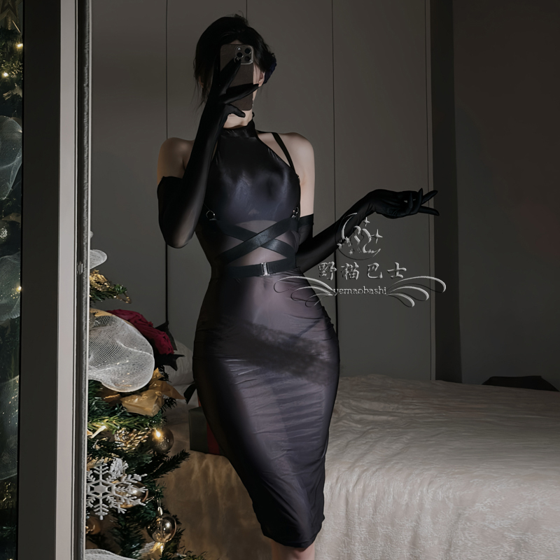 油光包臀裙弯腰透视紧身教师秘书办公室COS装辣妹弹力腰封开叉裙