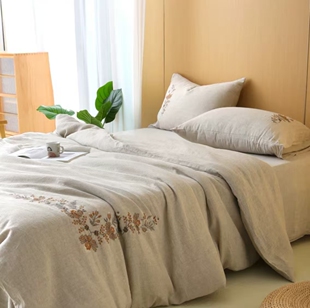 高克重汉麻 刺绣17支100%雨露麻色四件套床单枕被套抑菌透气床品