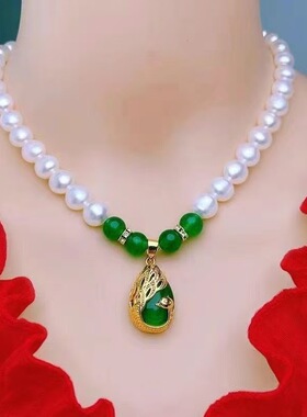 金色孔雀绿珍珠项链02