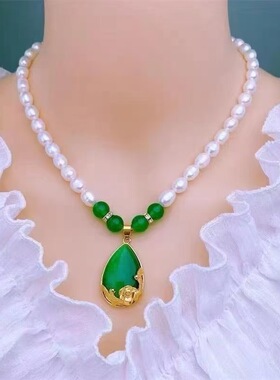 新款金色玫瑰绿水滴珍珠项链