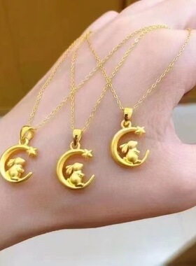 月兔摘星金色O字链中国风玉兔项