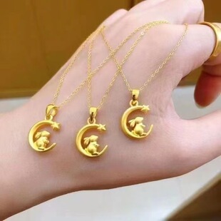 新款月兔摘星金色O字链女款中国风玉兔项链生肖兔吊坠锁骨链项链