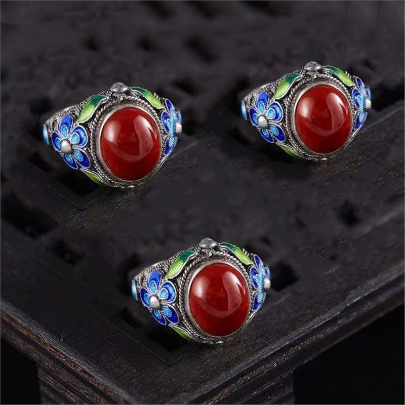 锌合金戒指 花丝镶嵌戒指做旧烧蓝复古宫廷指环银色手工掐丝