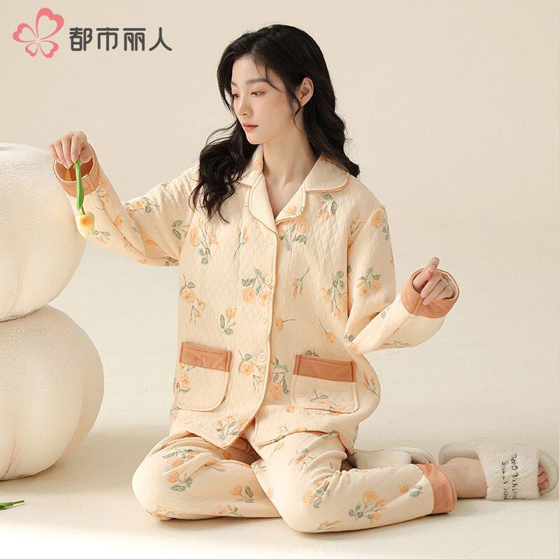 纯棉家居服夹层棉睡衣春秋季简约休闲吸湿排汗女ins风可外穿套装