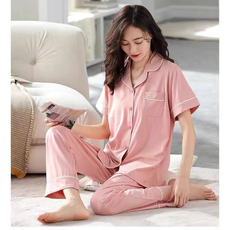 纯棉高档睡衣女士夏季薄款短袖长裤两件套装宽松