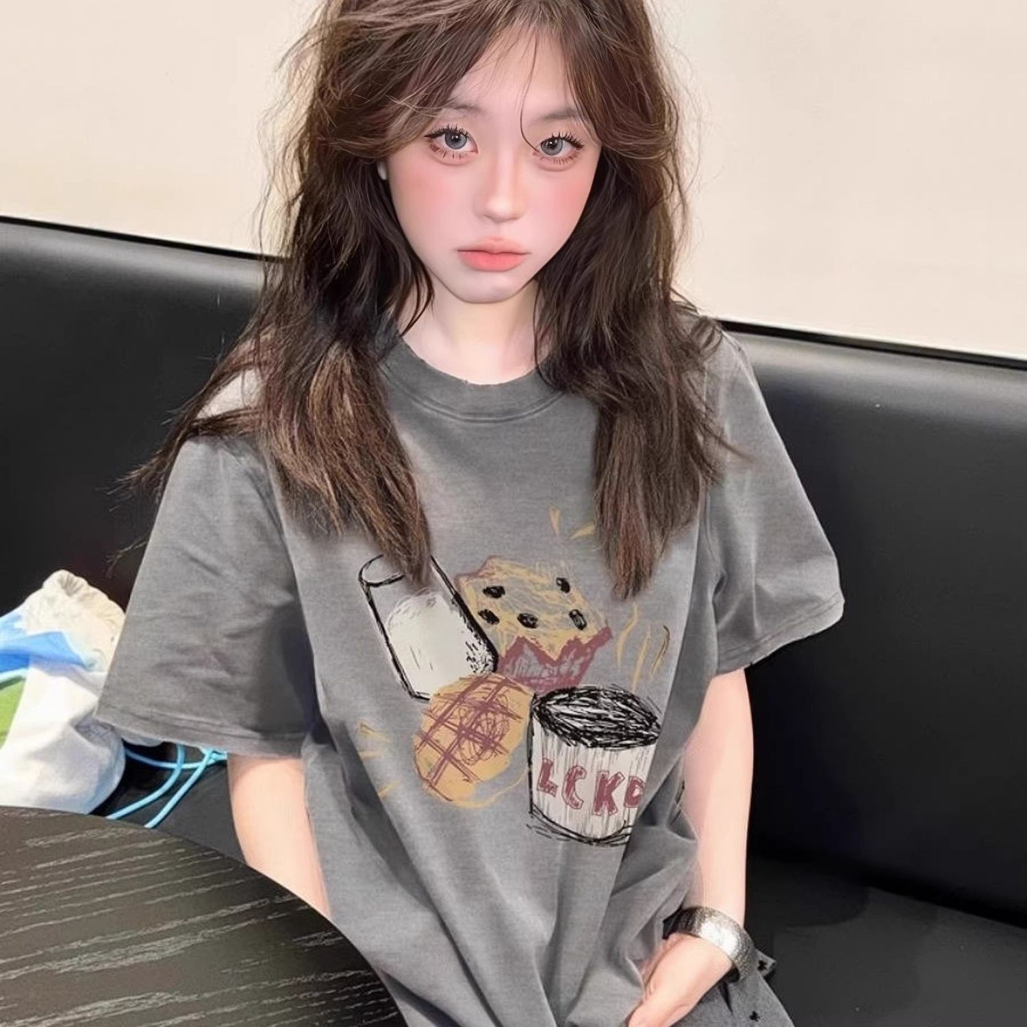 2026新款爆款灰色圆领短袖t恤女大童夏季装初中高中学生宽松上衣图片