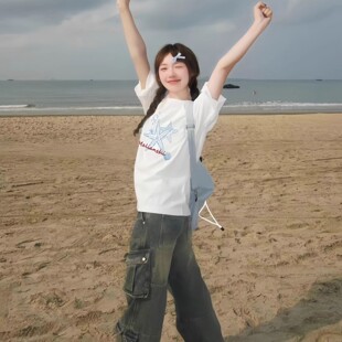 美式白色圆领短袖t恤女大童夏季装2026初中高中学生宽松半袖上衣