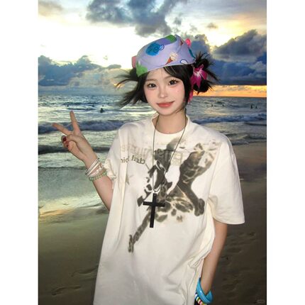 美式豹纹吉他复古白色短袖t恤女男夏季2026新款设计感纯棉上衣ins