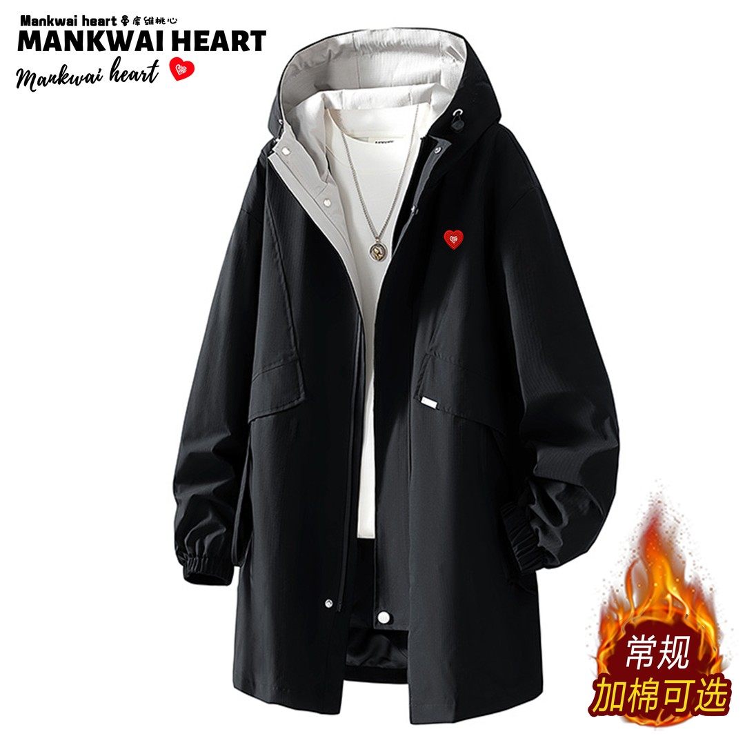 官方奥特莱斯大码韩版加绒加厚中长款风衣男士冬季宽松连帽外套
