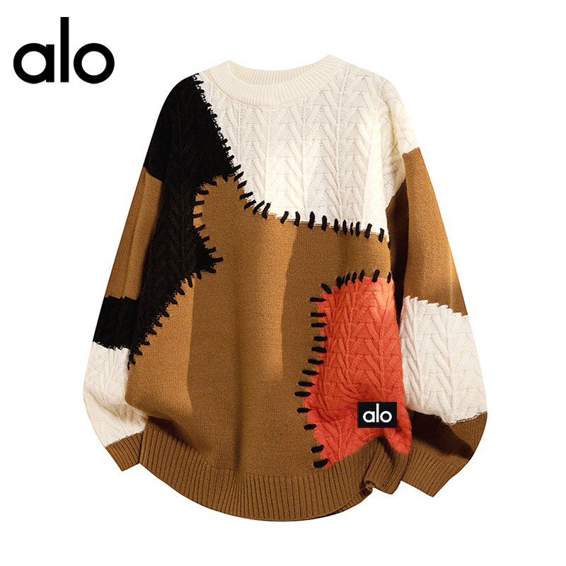 官方奥特莱斯】alo潮牌 撞色线衣秋冬季男款宽松针织衫保暖潮毛衣