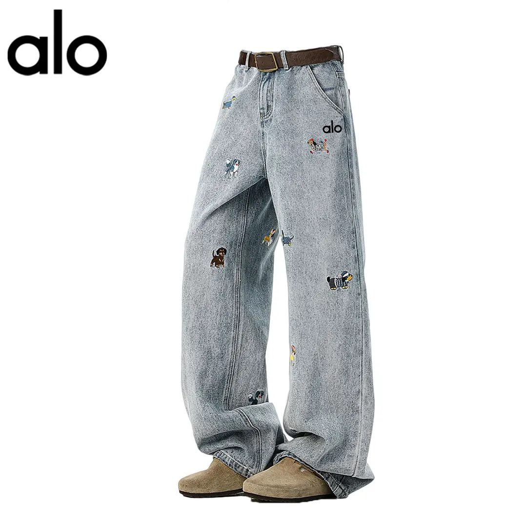 官方奥特莱斯】品牌折扣 刺绣牛仔裤男直筒宽松水洗微喇阔腿长裤