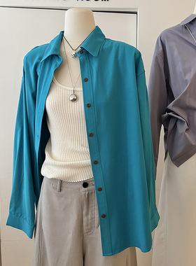 蓝色衬衫外套女2025新款宽松休闲慵懒风韩系chic翻领简约长袖上衣