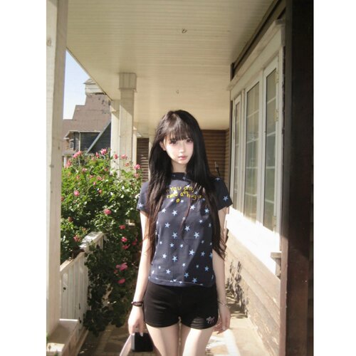 美式复古刺绣星星短袖T恤显瘦女
