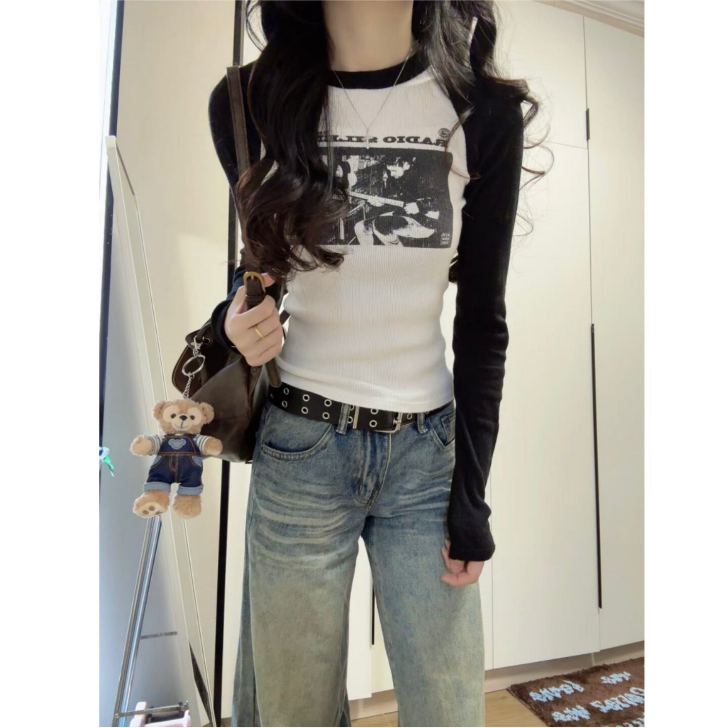 美式复古吉他手印花插肩长袖t恤女春季BM修身撞色内搭打底衫上衣