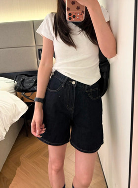 YS媛森深蓝色牛仔短裤女夏季新款大码胖mm高腰宽松显瘦a字五分裤