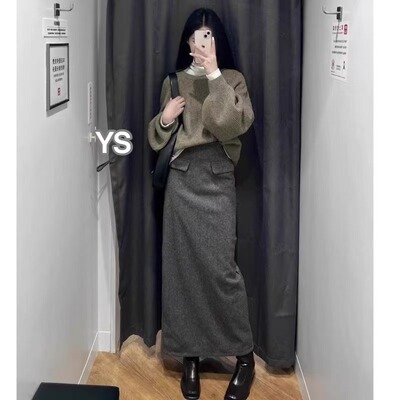 灰色毛呢半身裙大码高腰显瘦