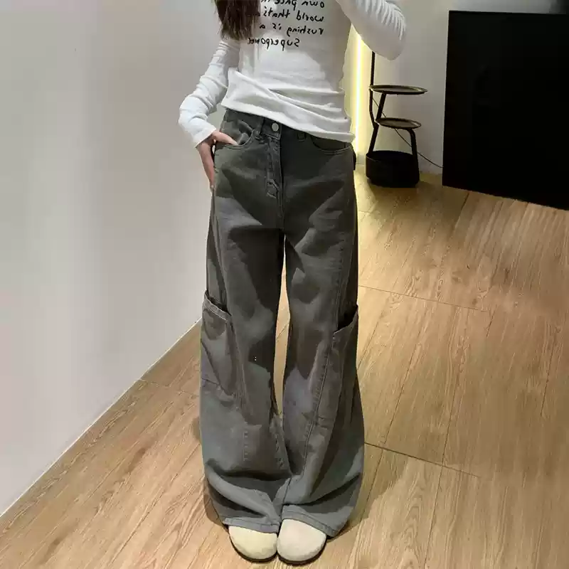 美式水泥灰工装裤宽松阔腿裤子