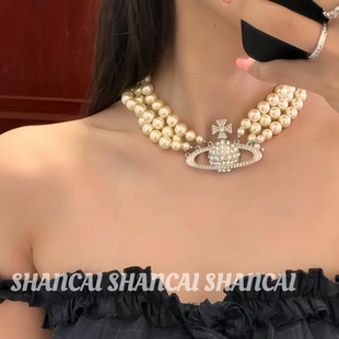 SHANCAI |重工三层珍珠满钻大土星项链choker叠戴小众锁骨链