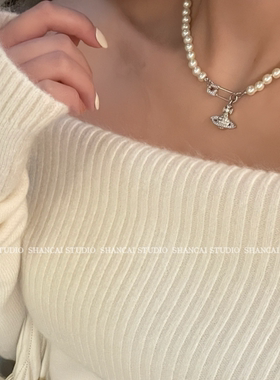 SHANCAI |别针珍珠土星项链小众choker叠戴回形针锁骨链