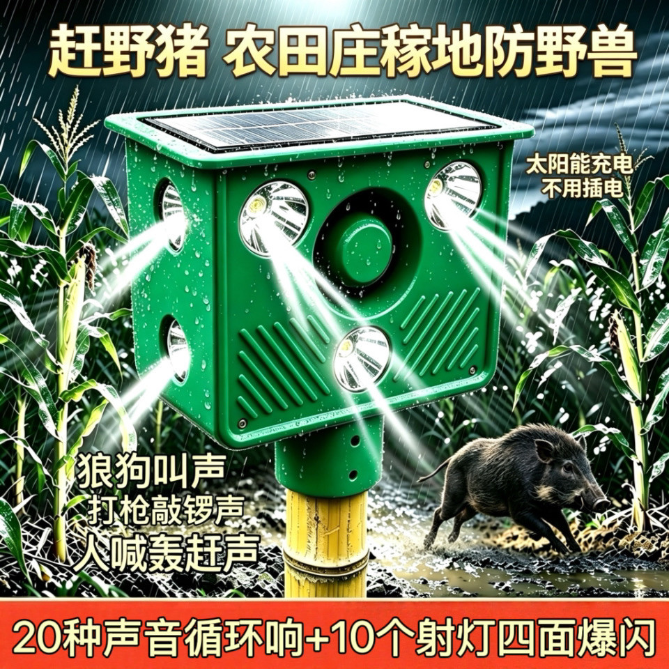 太阳能农田动物驱赶野猪警报器赶猴子夜晚鱼塘驱鸟神器果园驱兽器