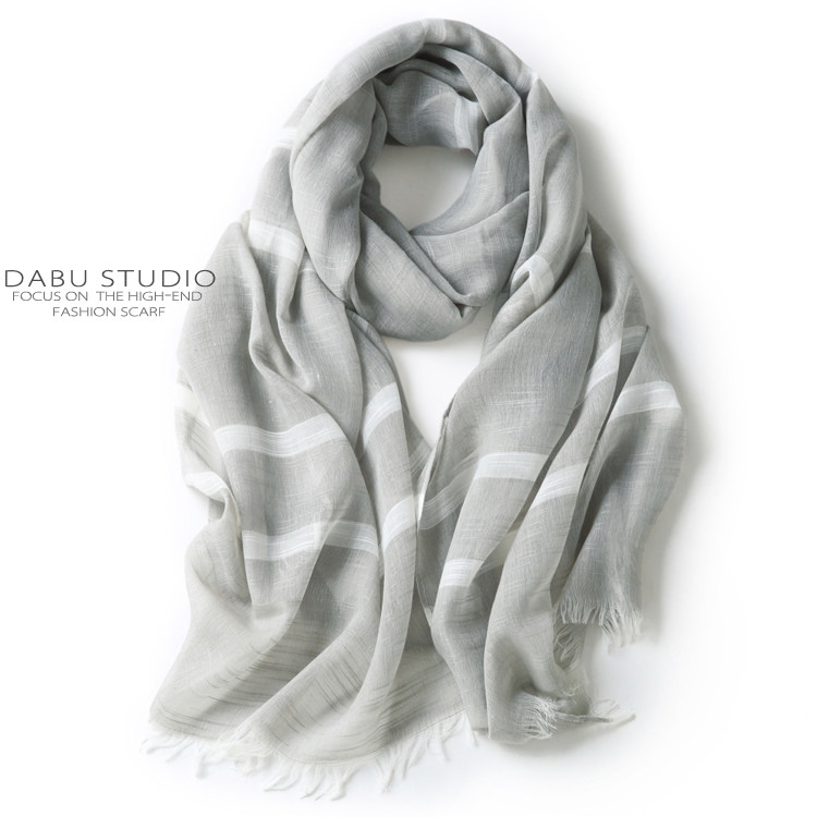 灰白纯素色性冷淡风亚麻棉麻围巾中性男女夏季 文艺条纹丝巾披巾